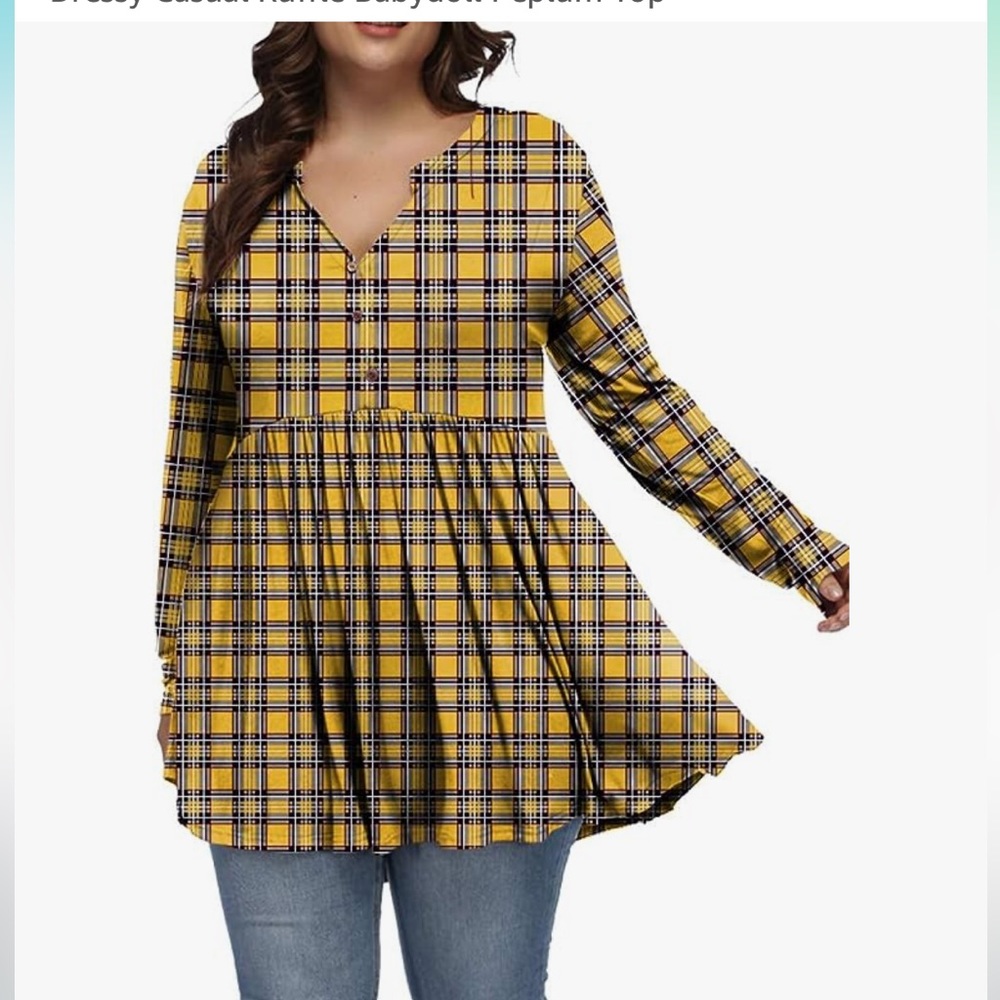 Plus Size Top for Women Long Sleeve Loose Fit Fall Tunics Dressy yellow plaid